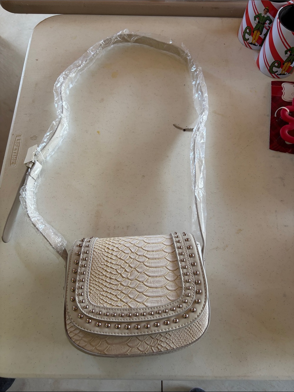 Textured White Studded Crossbody Shoulder Bag